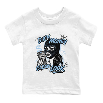 Dirty Money Clean Look baby and kids t-shirt crafted for little sneakerheads to shine with the Air Foamposite One Psychic Blue sneakers, displayed in White 2.