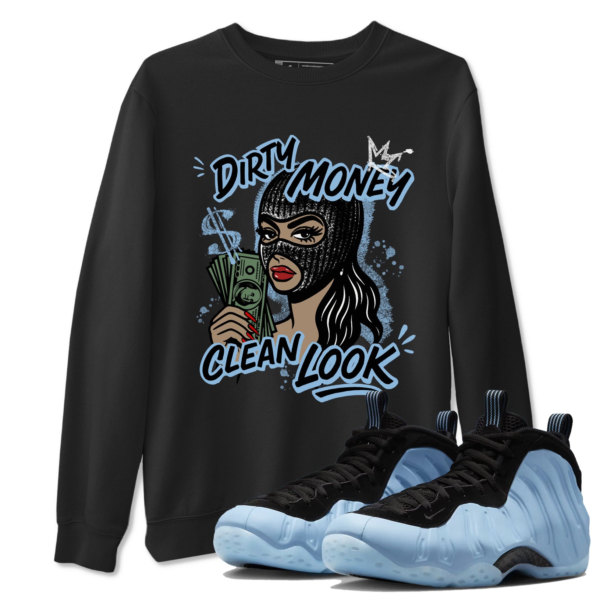 Dirty Money Clean Look sneaker match t-shirt styled to complete your fit with the Air Foamposite One Psychic Blue sneakers, shown in Black 1.