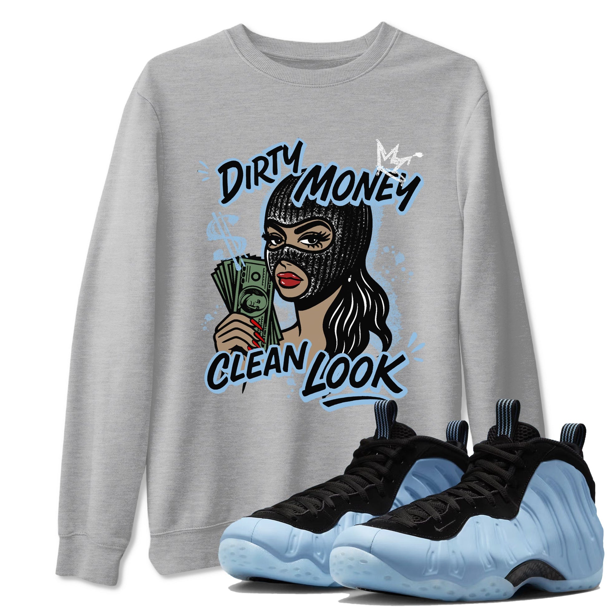 Dirty Money Clean Look sneaker match t-shirt styled to complete your fit with the Air Foamposite One Psychic Blue sneakers, shown in Heather Grey 1.