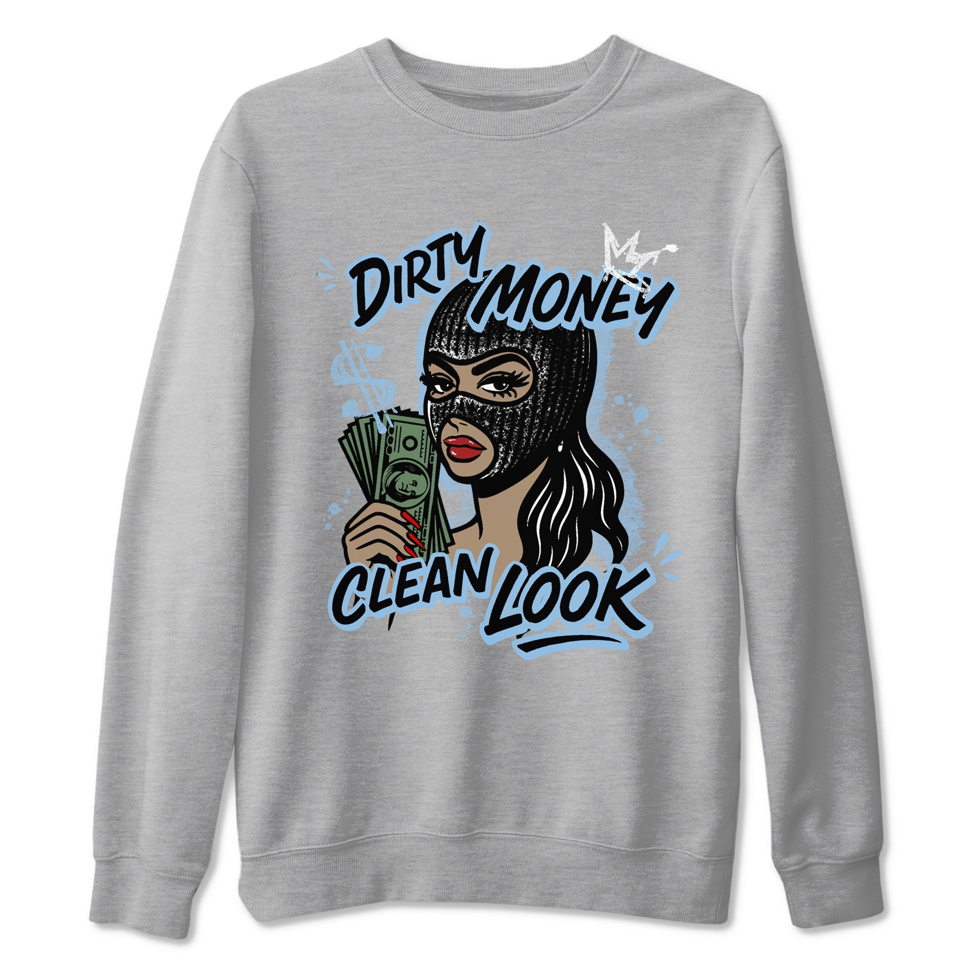 Dirty Money Clean Look sneaker match t-shirt styled to complete your fit with the Air Foamposite One Psychic Blue sneakers, shown in Heather Grey 2.