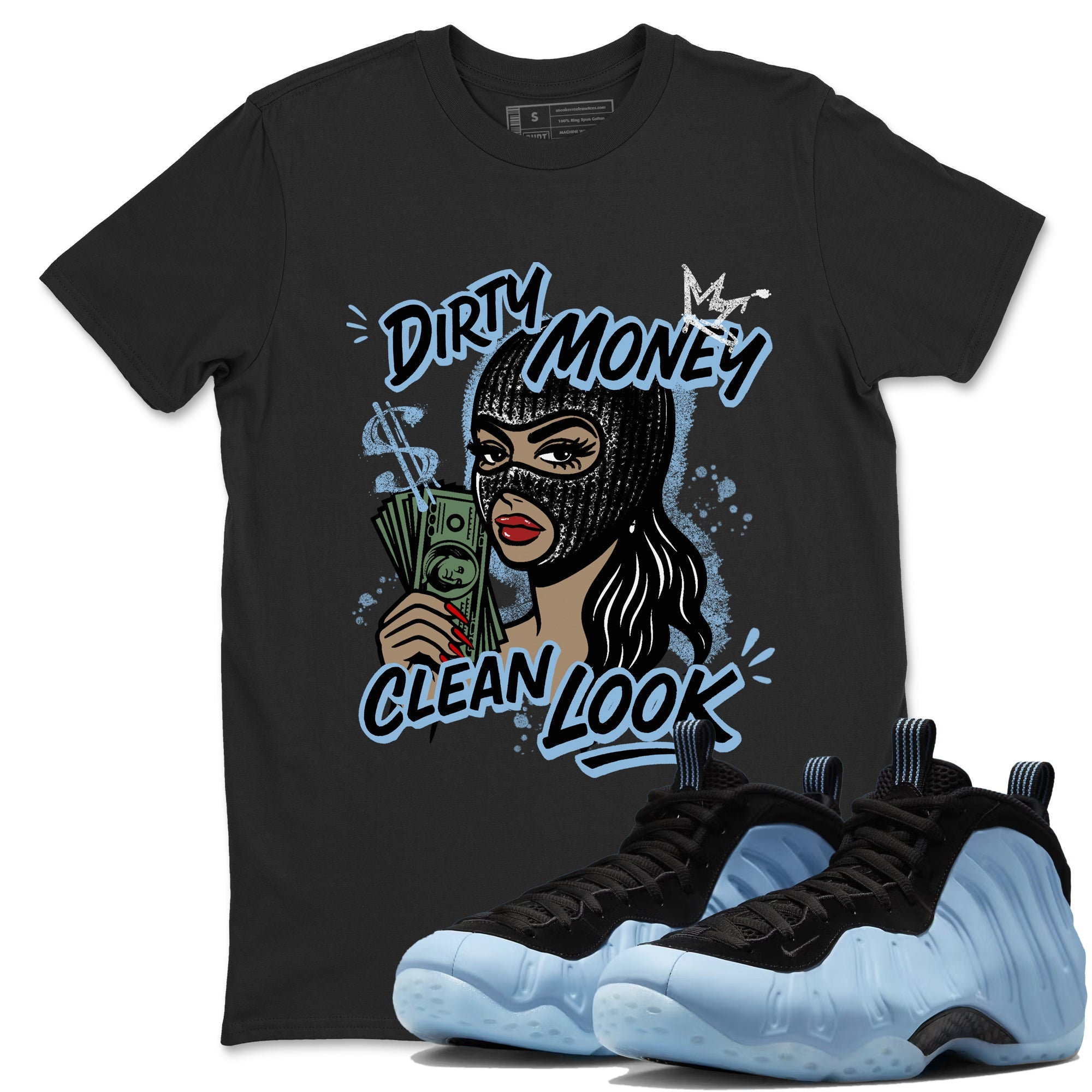 Dirty Money Clean Look sneaker match t-shirt styled to complete your fit with the Air Foamposite One Psychic Blue sneakers, shown in Black 1.