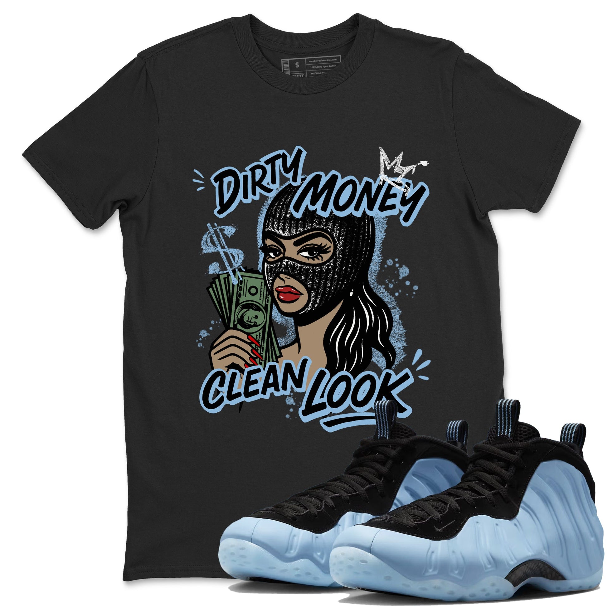 Dirty Money Clean Look sneaker match t-shirt styled to complete your fit with the Air Foamposite One Psychic Blue sneakers, shown in Black 1.