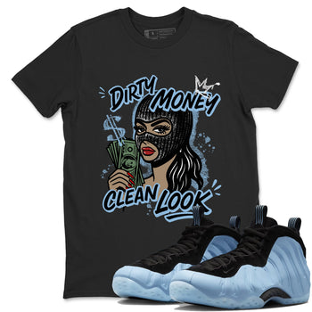 Dirty Money Clean Look sneaker match t-shirt styled to complete your fit with the Air Foamposite One Psychic Blue sneakers, shown in Black 1.