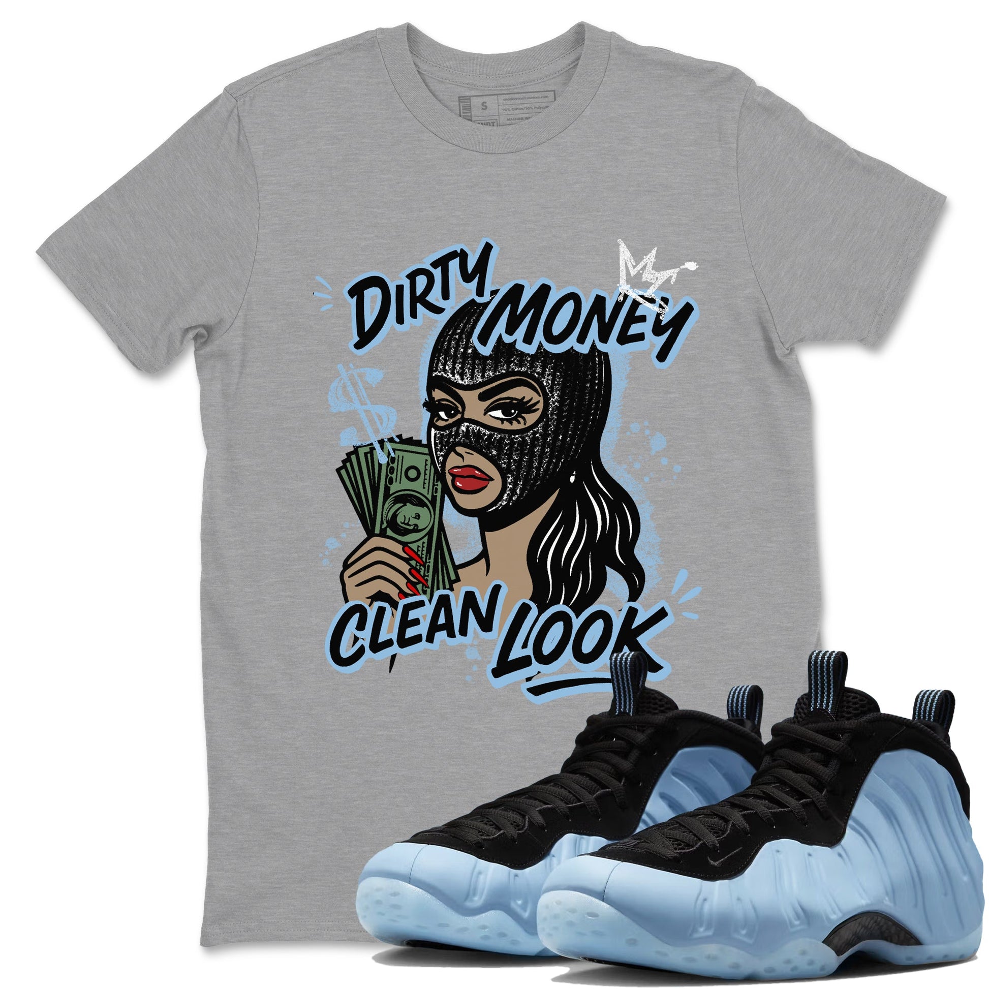 Dirty Money Clean Look sneaker match t-shirt styled to complete your fit with the Air Foamposite One Psychic Blue sneakers, shown in Heather Grey 1.