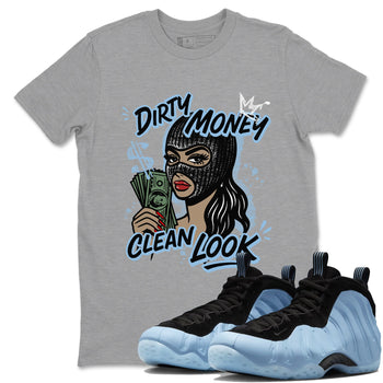 Dirty Money Clean Look sneaker match t-shirt styled to complete your fit with the Air Foamposite One Psychic Blue sneakers, shown in Heather Grey 1.
