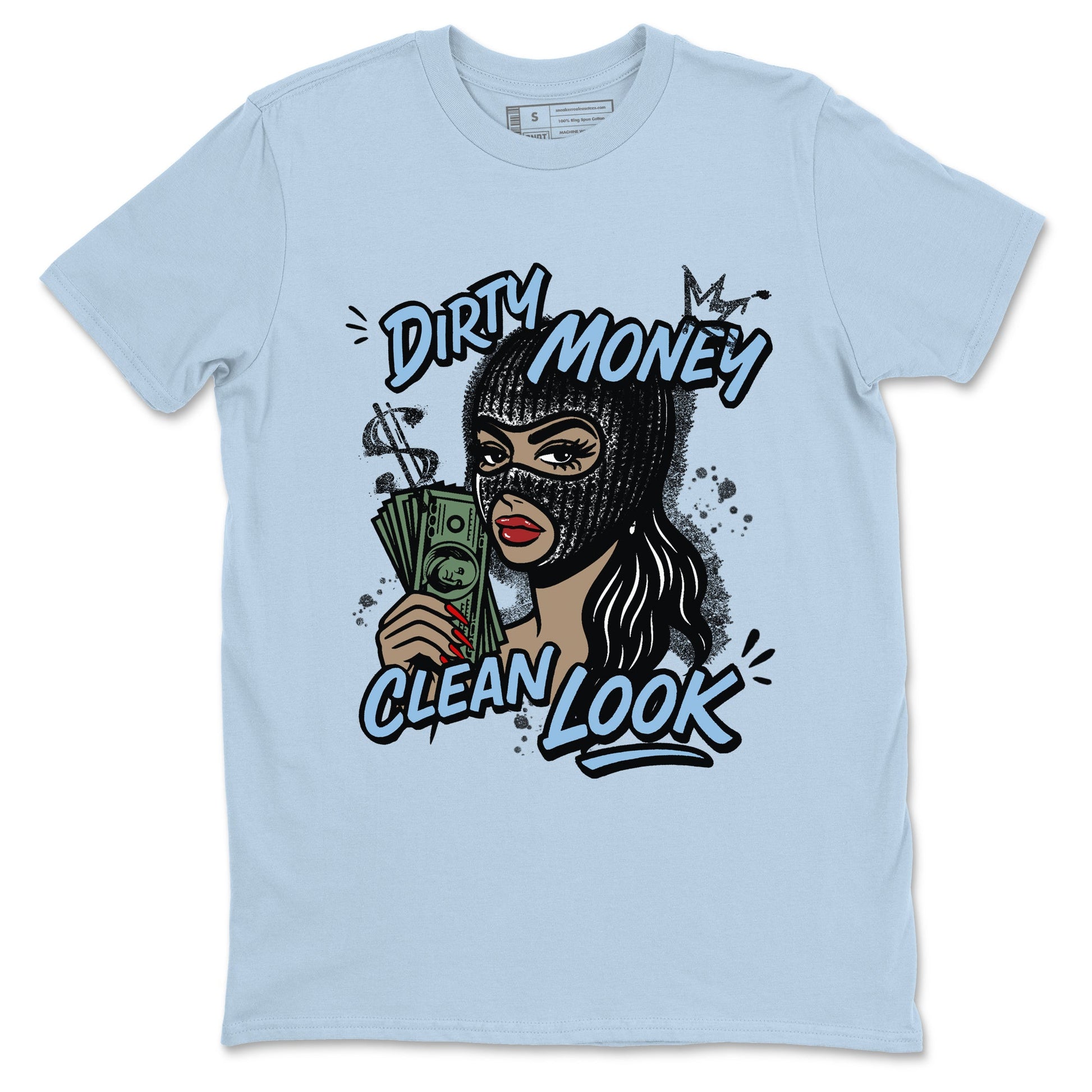 Dirty Money Clean Look sneaker match t-shirt styled to complete your fit with the Air Foamposite One Psychic Blue sneakers, shown in Light Blue 2.