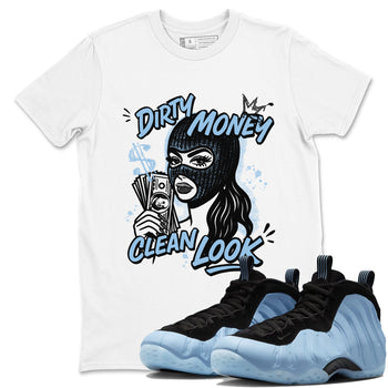 Dirty Money Clean Look sneaker match t-shirt styled to complete your fit with the Air Foamposite One Psychic Blue sneakers, shown in White 1.