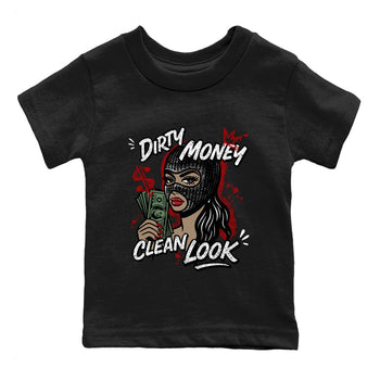 Dirty Money Clean Look baby and kids t-shirt crafted for little sneakerheads to shine with the Air Force 1 University Red sneakers, displayed in Black 2.
