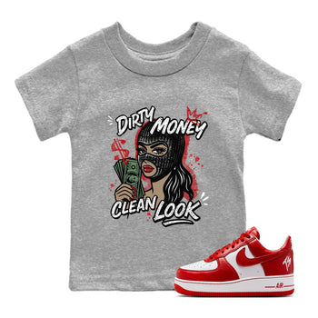 Dirty Money Clean Look baby and kids t-shirt crafted for little sneakerheads to shine with the Air Force 1 University Red sneakers, displayed in Heather Grey 1.