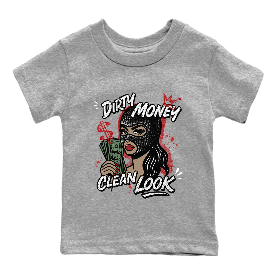 Dirty Money Clean Look baby and kids t-shirt crafted for little sneakerheads to shine with the Air Force 1 University Red sneakers, displayed in Heather Grey 2.