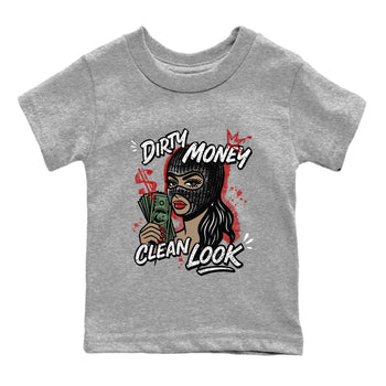 Dirty Money Clean Look baby and kids t-shirt crafted for little sneakerheads to shine with the Air Force 1 University Red sneakers, displayed in Heather Grey 2.