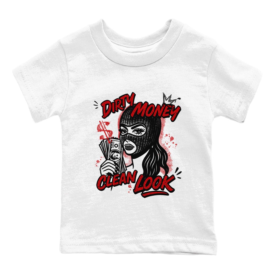 Dirty Money Clean Look baby and kids t-shirt crafted for little sneakerheads to shine with the Air Force 1 University Red sneakers, displayed in White 2.