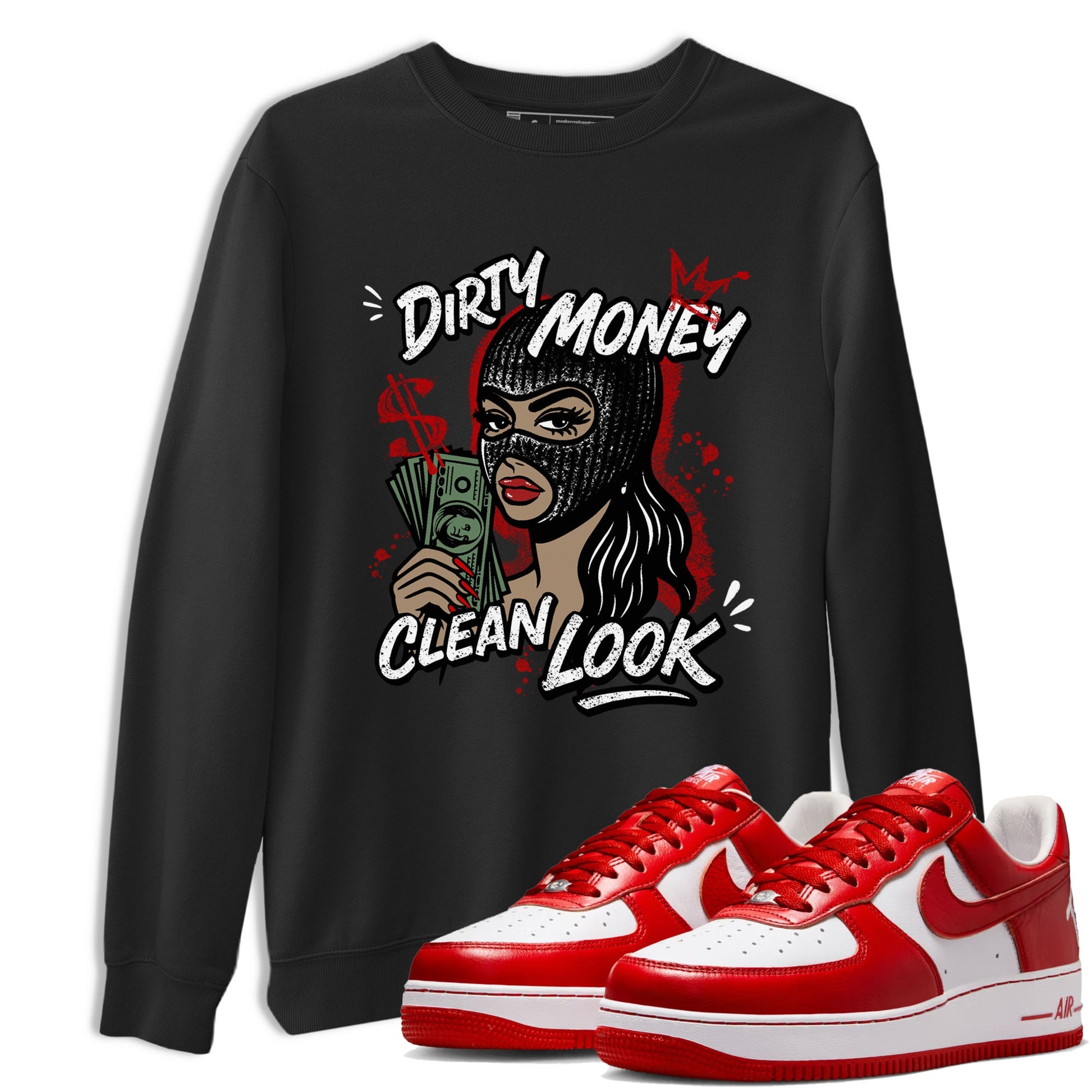 Dirty Money Clean Look sneaker match t-shirt styled to complete your fit with the Air Force 1 University Red sneakers, AF1 Terror Squad shown in Black 1.