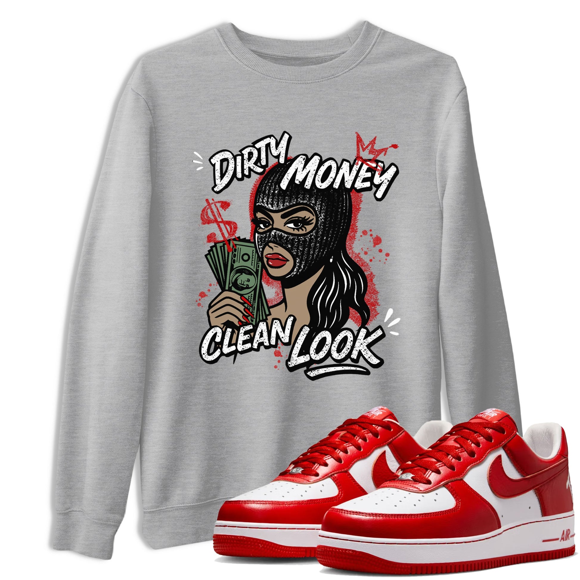 Dirty Money Clean Look sneaker match t-shirt styled to complete your fit with the Air Force 1 University Red sneakers, AF1 Terror Squad shown in Heather Grey 1.