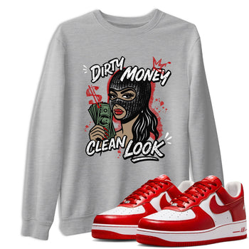 Dirty Money Clean Look sneaker match t-shirt styled to complete your fit with the Air Force 1 University Red sneakers, AF1 Terror Squad shown in Heather Grey 1.