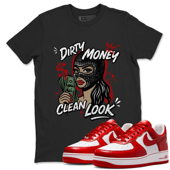 Dirty Money Clean Look sneaker match t-shirt styled to complete your fit with the Air Force 1 University Red sneakers, AF1 Terror Squad shown in Black 1.