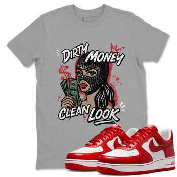 Dirty Money Clean Look sneaker match t-shirt styled to complete your fit with the Air Force 1 University Red sneakers, AF1 Terror Squad shown in Heather Grey 1.