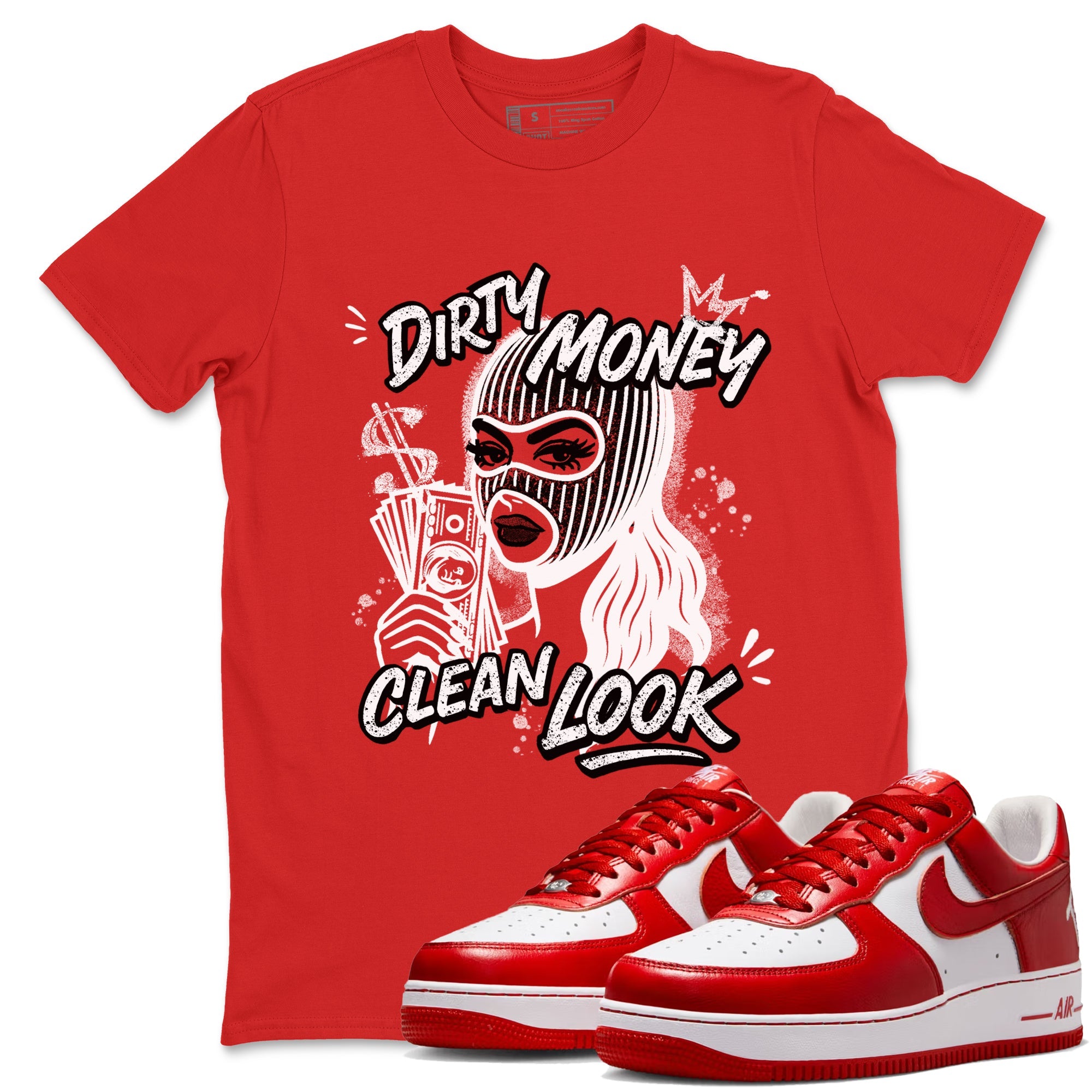Dirty Money Clean Look sneaker match t-shirt styled to complete your fit with the Air Force 1 University Red sneakers, AF1 Terror Squad shown in Red 1.