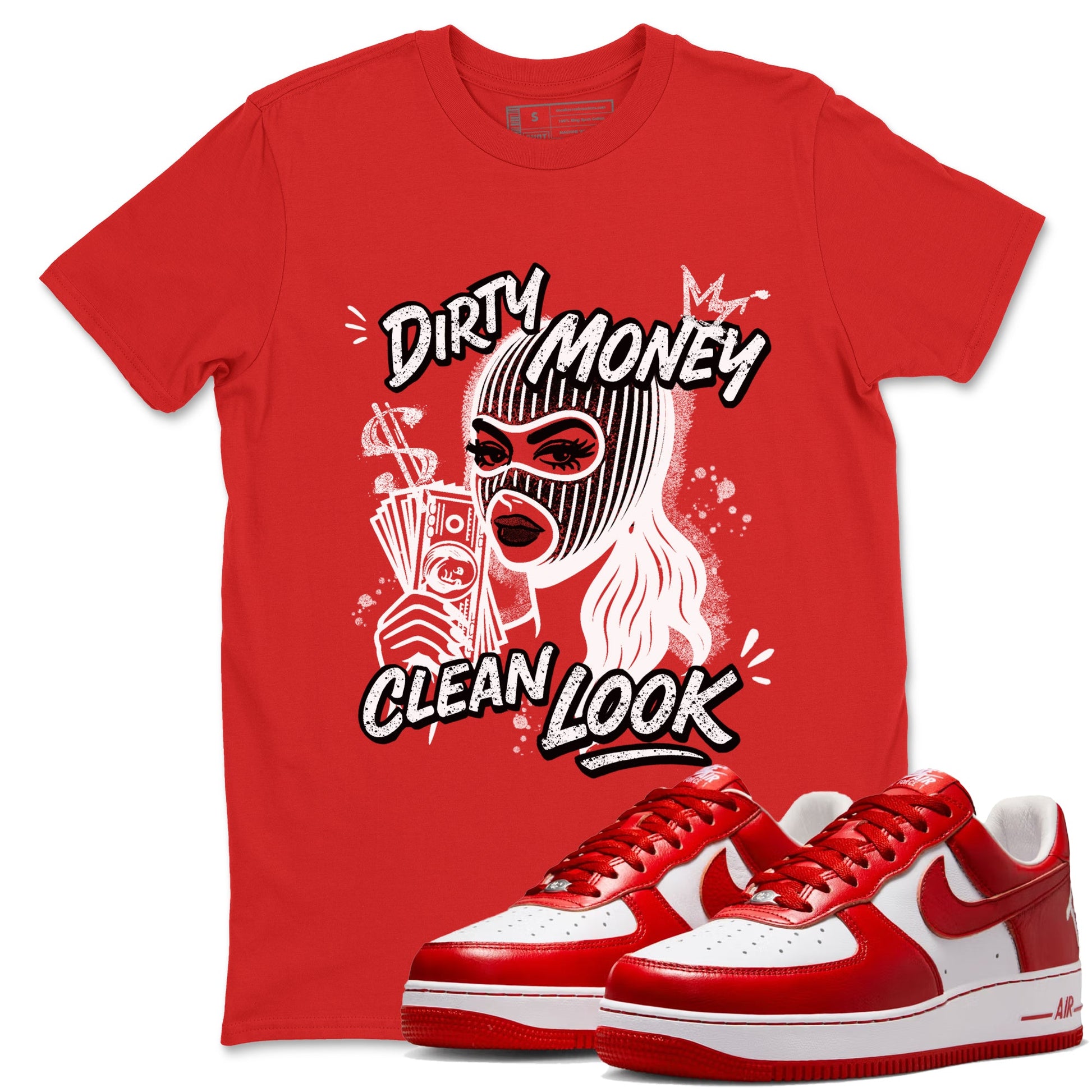 Dirty Money Clean Look sneaker match t-shirt styled to complete your fit with the Air Force 1 University Red sneakers, AF1 Terror Squad shown in Red 1.