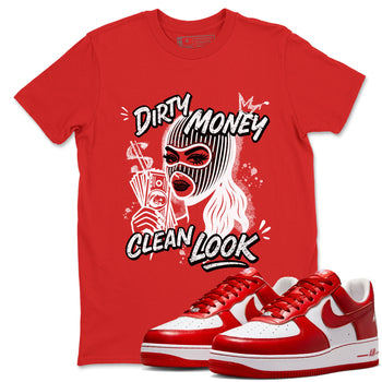 Dirty Money Clean Look sneaker match t-shirt styled to complete your fit with the Air Force 1 University Red sneakers, AF1 Terror Squad shown in Red 1.