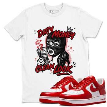 Dirty Money Clean Look sneaker match t-shirt styled to complete your fit with the Air Force 1 University Red sneakers, AF1 Terror Squad shown in White 1.