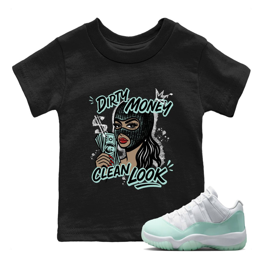Dirty Money Clean Look baby and kids t-shirt crafted for little sneakerheads to shine with the Air Jordan 11 Igloo sneakers, displayed in Black 1.