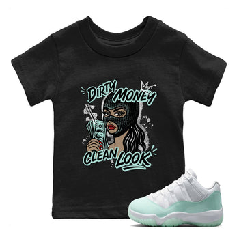 Dirty Money Clean Look baby and kids t-shirt crafted for little sneakerheads to shine with the Air Jordan 11 Igloo sneakers, displayed in Black 1.