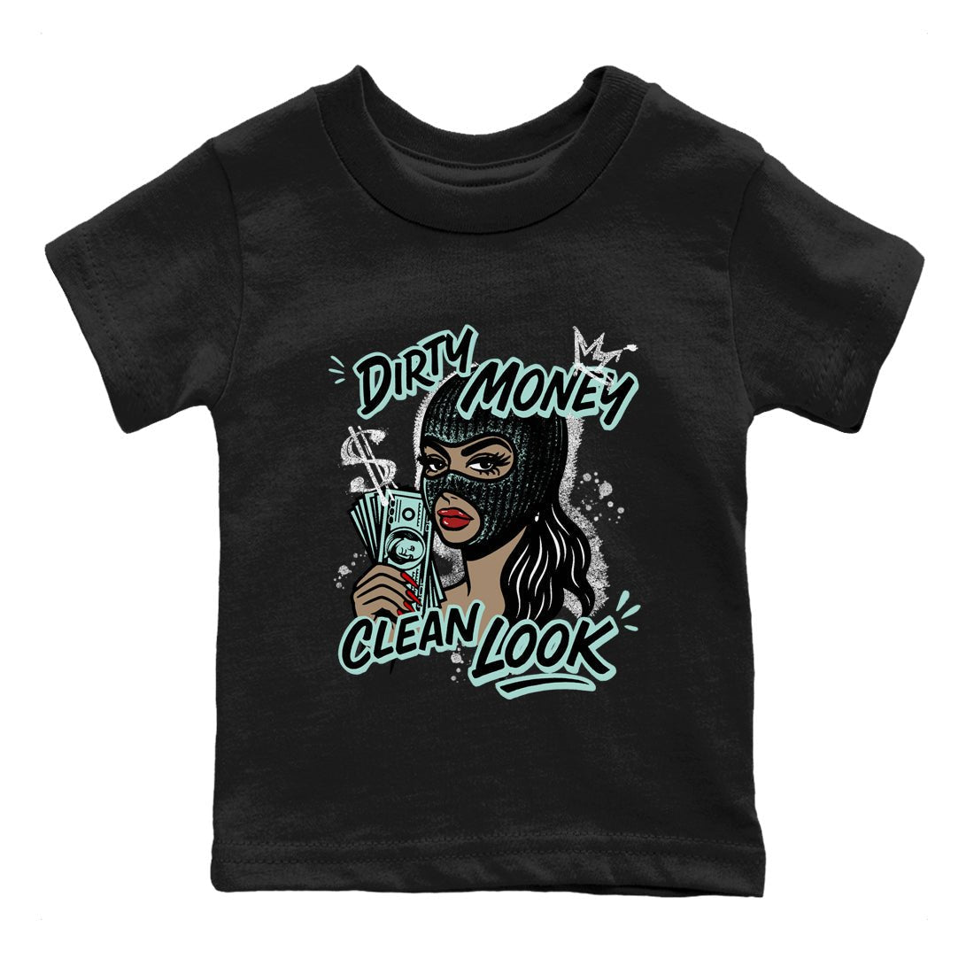 Dirty Money Clean Look baby and kids t-shirt crafted for little sneakerheads to shine with the Air Jordan 11 Igloo sneakers, displayed in Black 2.