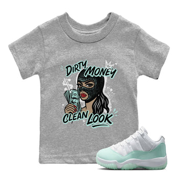 Dirty Money Clean Look baby and kids t-shirt crafted for little sneakerheads to shine with the Air Jordan 11 Igloo sneakers, displayed in Heather Grey 1.