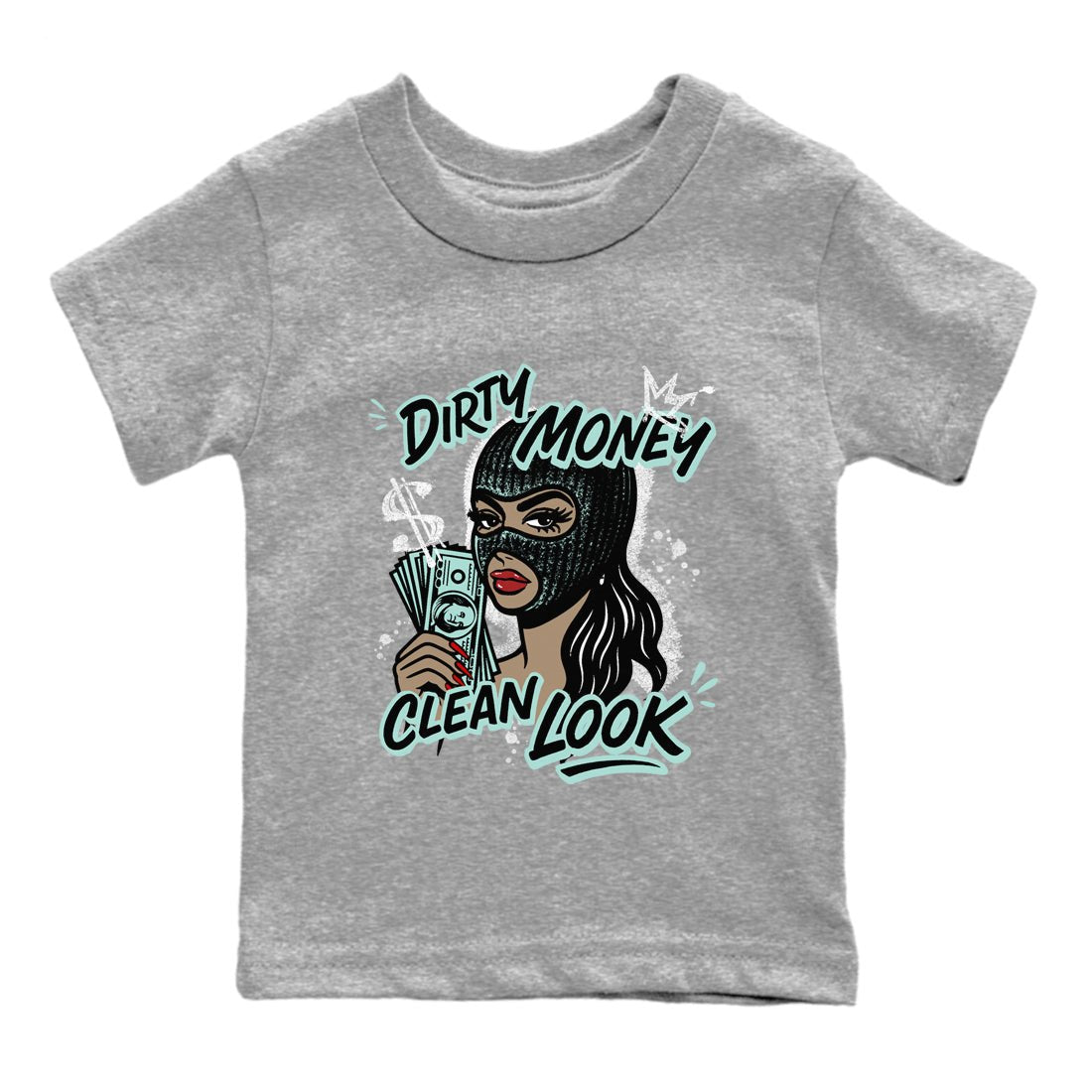 Dirty Money Clean Look baby and kids t-shirt crafted for little sneakerheads to shine with the Air Jordan 11 Igloo sneakers, displayed in Heather Grey 2.