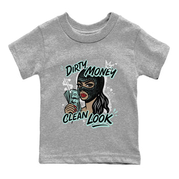 Dirty Money Clean Look baby and kids t-shirt crafted for little sneakerheads to shine with the Air Jordan 11 Igloo sneakers, displayed in Heather Grey 2.