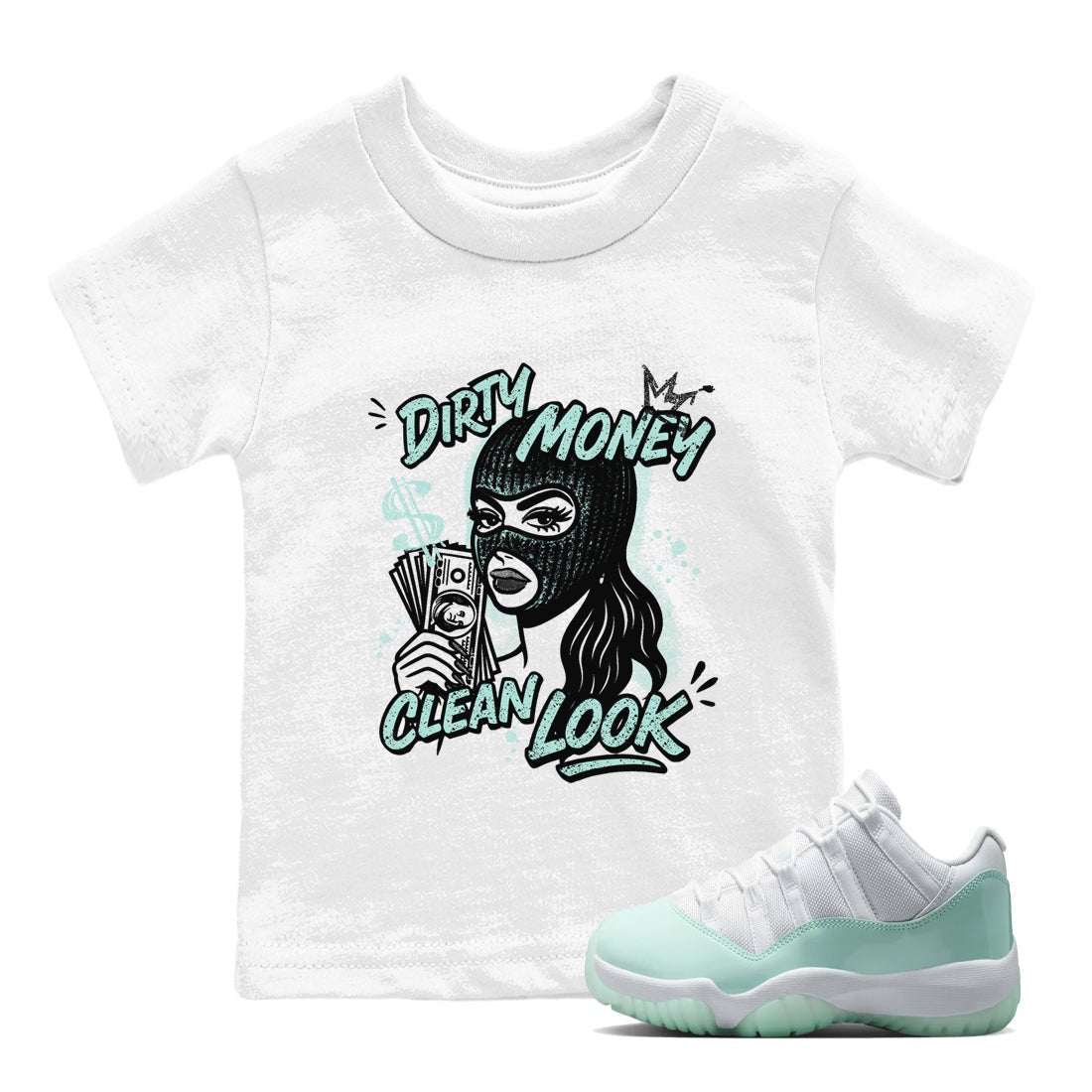 Dirty Money Clean Look baby and kids t-shirt crafted for little sneakerheads to shine with the Air Jordan 11 Igloo sneakers, displayed in White 1.
