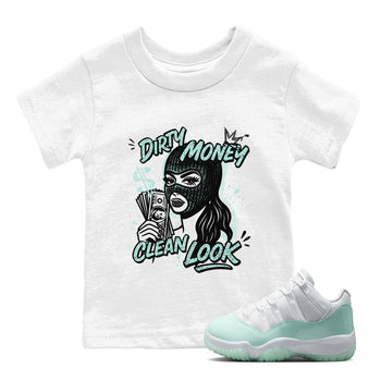 Dirty Money Clean Look baby and kids t-shirt crafted for little sneakerheads to shine with the Air Jordan 11 Igloo sneakers, displayed in White 1.