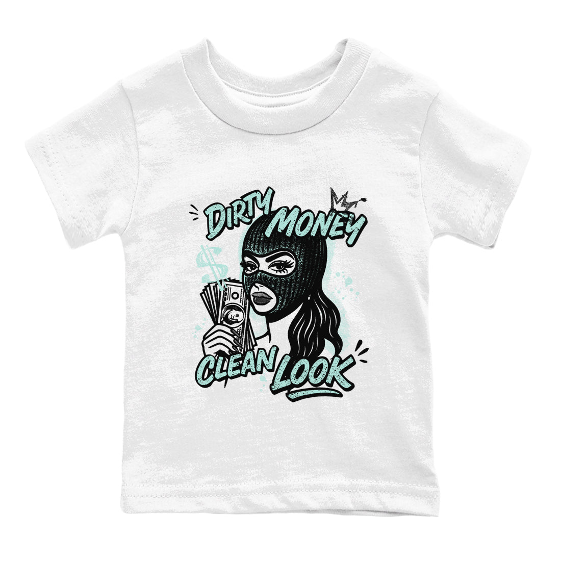 Dirty Money Clean Look baby and kids t-shirt crafted for little sneakerheads to shine with the Air Jordan 11 Igloo sneakers, displayed in White 2.