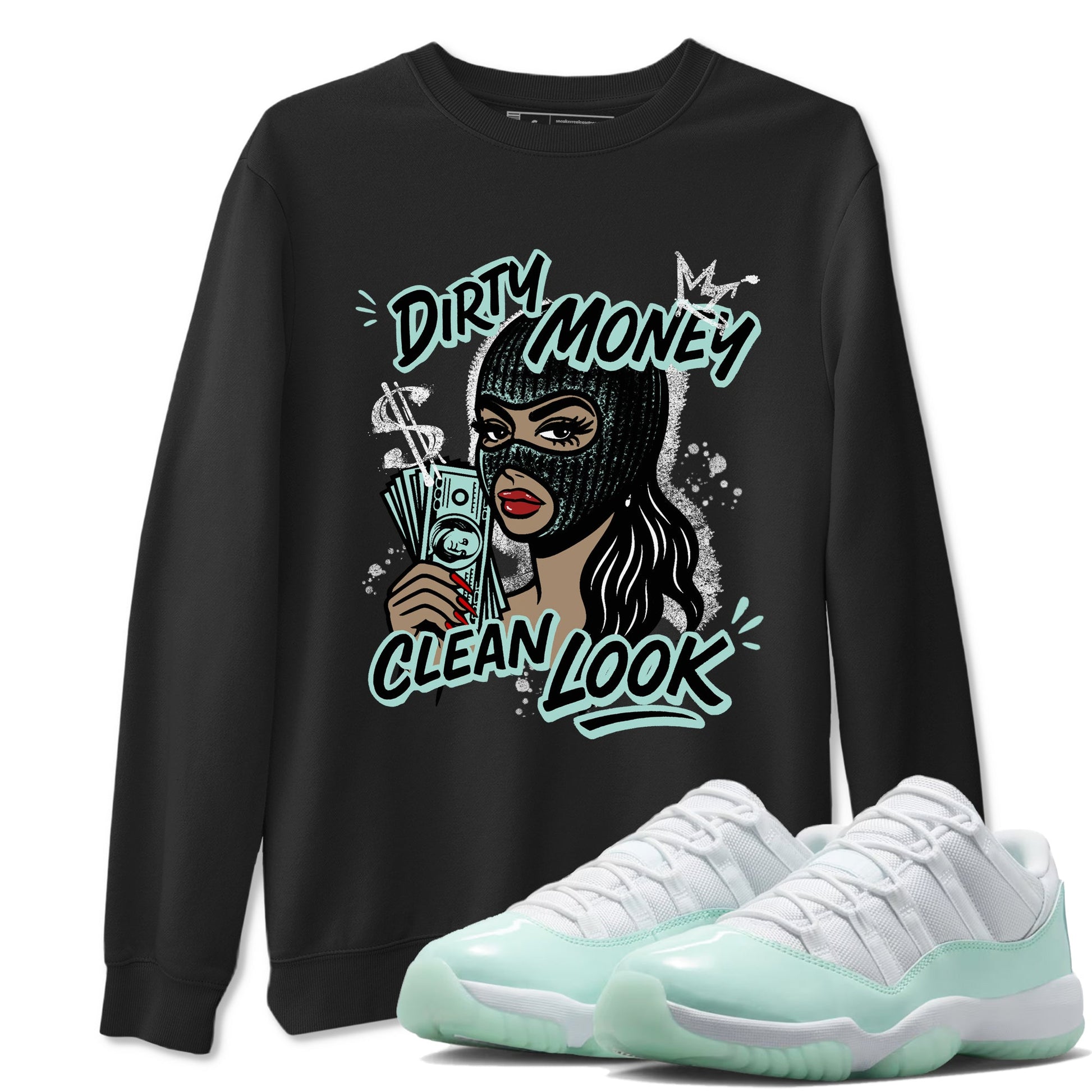Dirty Money Clean Look sneaker match t-shirt styled to complete your fit with the Air Jordan 11 Igloo sneakers, shown in Black 1.