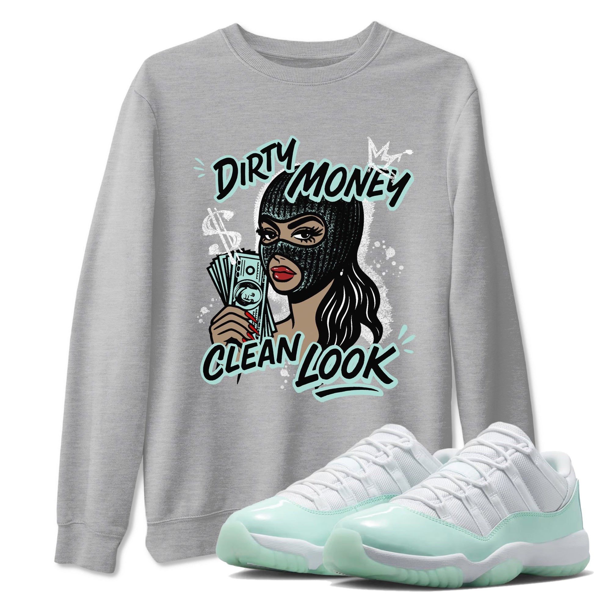 Dirty Money Clean Look sneaker match t-shirt styled to complete your fit with the Air Jordan 11 Igloo sneakers, shown in Heather Grey 1.
