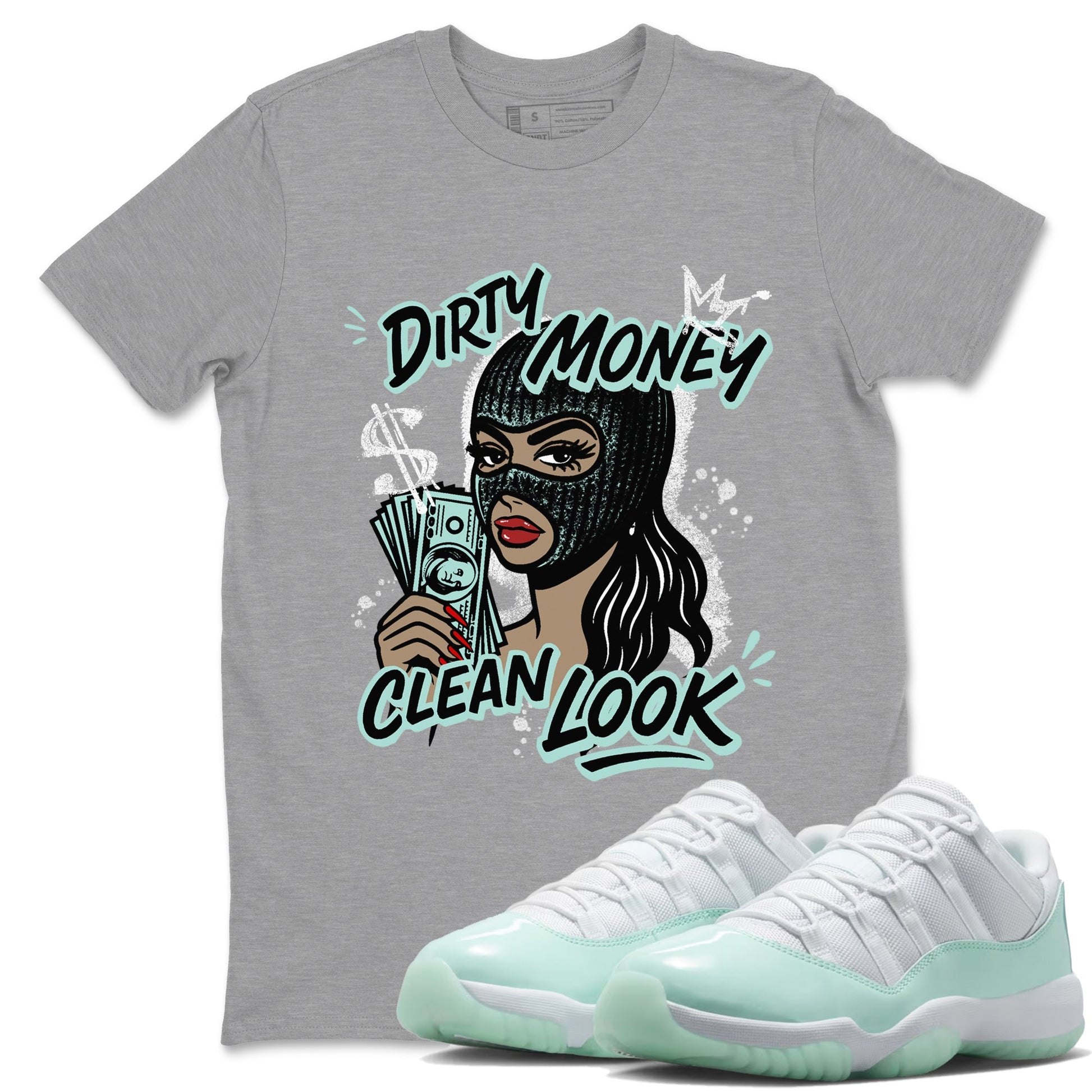 Dirty Money Clean Look sneaker match t-shirt styled to complete your fit with the Air Jordan 11 Igloo sneakers, shown in Heather Grey 1.