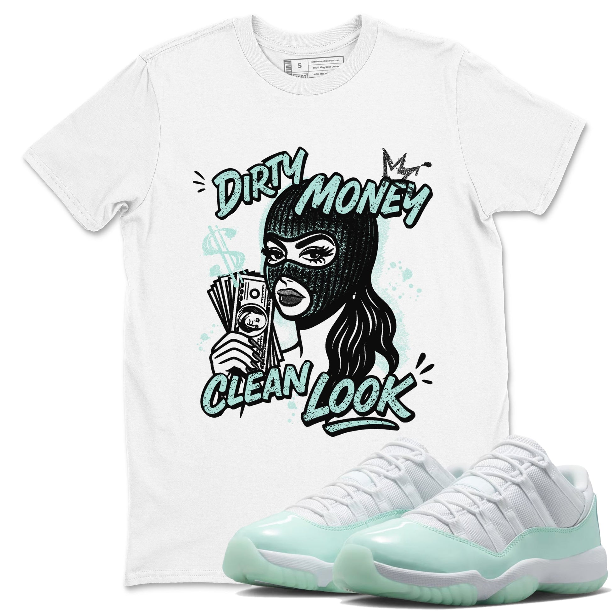 Dirty Money Clean Look sneaker match t-shirt styled to complete your fit with the Air Jordan 11 Igloo sneakers, shown in White 1.