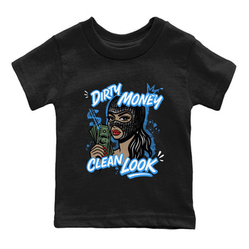 Dirty Money Clean Look baby and kids t-shirt crafted for little sneakerheads to shine with the Air Jordan 12 White and University Blue sneakers, displayed in Black 2.