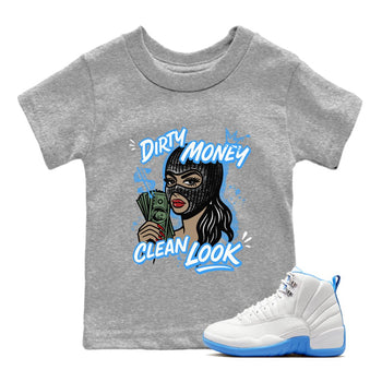 Dirty Money Clean Look baby and kids t-shirt crafted for little sneakerheads to shine with the Air Jordan 12 White and University Blue sneakers, displayed in Heather Grey 1.