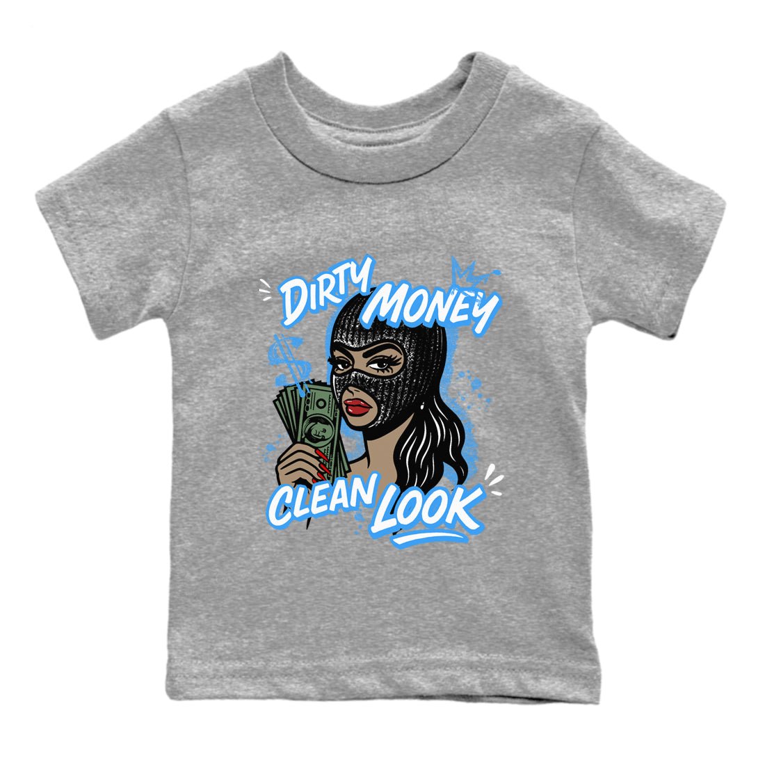 Dirty Money Clean Look baby and kids t-shirt crafted for little sneakerheads to shine with the Air Jordan 12 White and University Blue sneakers, displayed in Heather Grey 2.