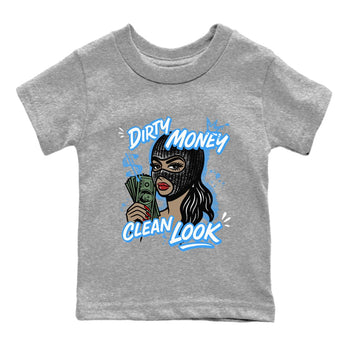 Dirty Money Clean Look baby and kids t-shirt crafted for little sneakerheads to shine with the Air Jordan 12 White and University Blue sneakers, displayed in Heather Grey 2.