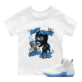 Dirty Money Clean Look baby and kids t-shirt crafted for little sneakerheads to shine with the Air Jordan 12 White and University Blue sneakers, displayed in White 1.