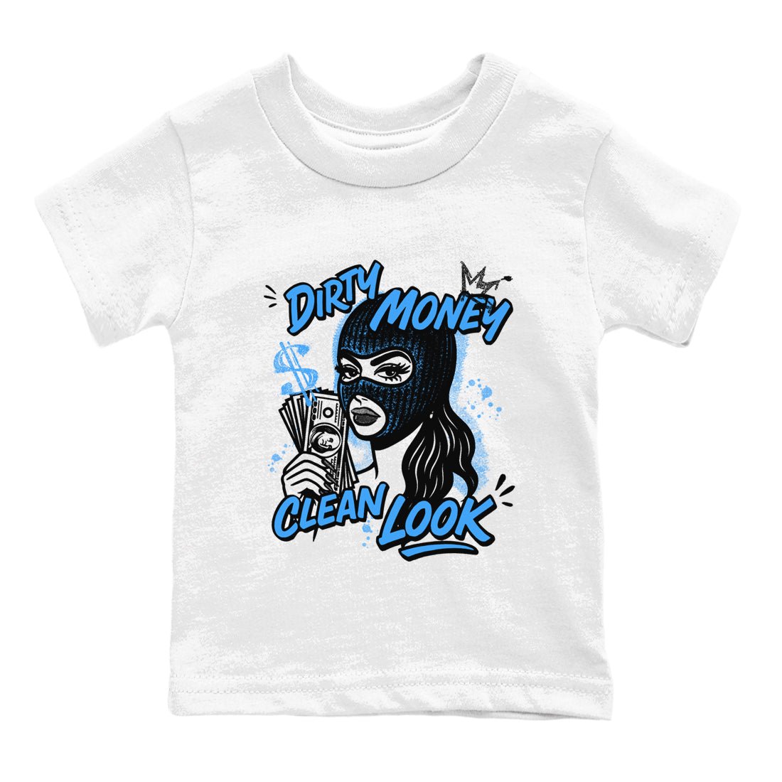 Dirty Money Clean Look baby and kids t-shirt crafted for little sneakerheads to shine with the Air Jordan 12 White and University Blue sneakers, displayed in White 2.
