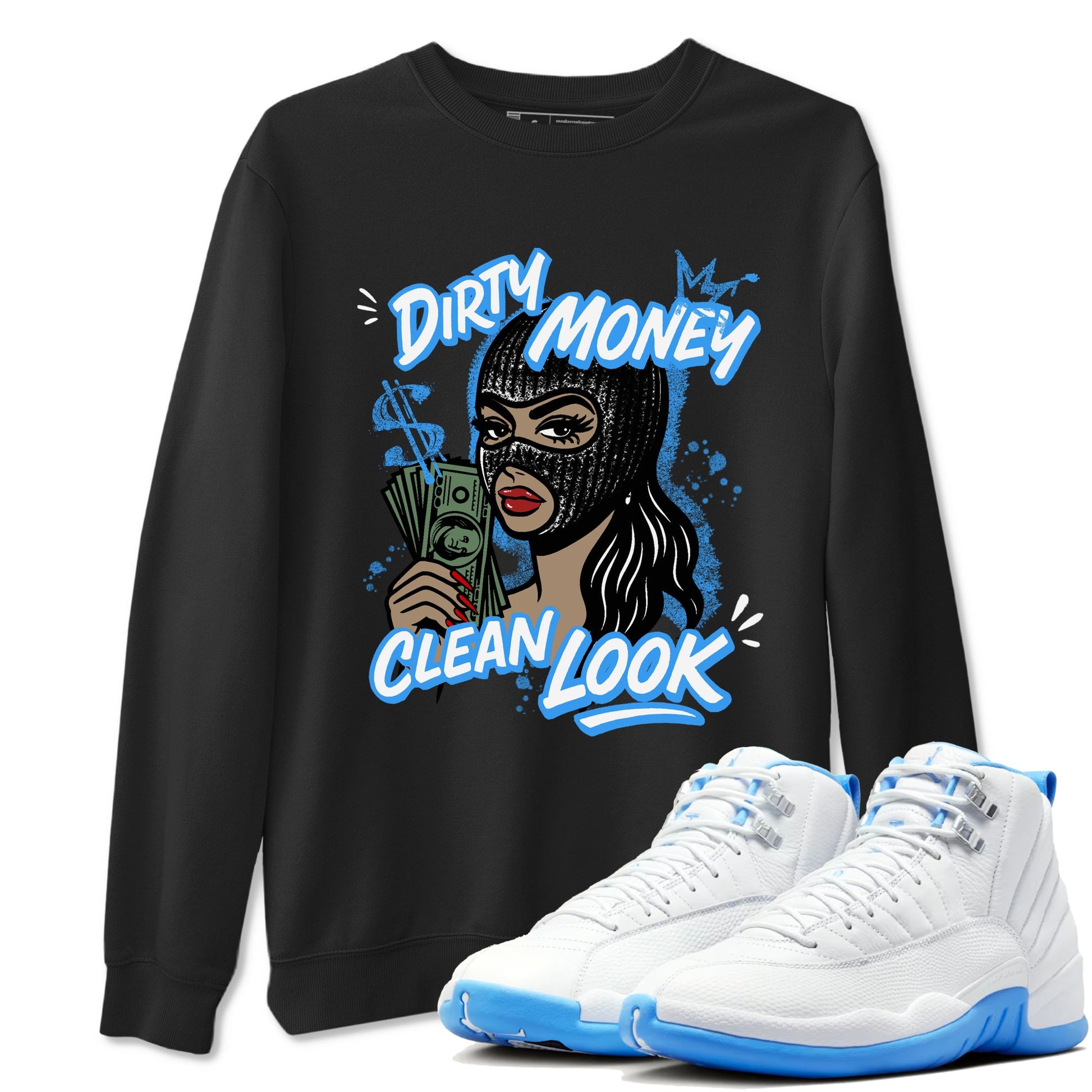 Dirty Money Clean Look sneaker match t-shirt styled to complete your fit with the Air Jordan 12 White and University Blue sneakers, shown in Black 1.