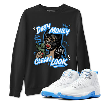 Dirty Money Clean Look sneaker match t-shirt styled to complete your fit with the Air Jordan 12 White and University Blue sneakers, shown in Black 1.