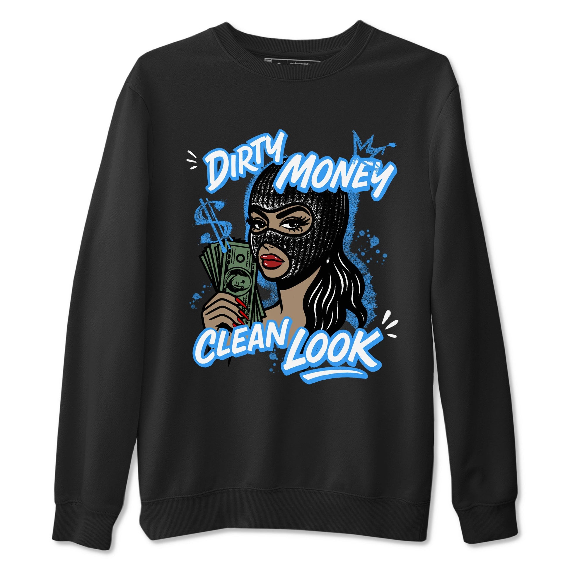 Dirty Money Clean Look sneaker match t-shirt styled to complete your fit with the Air Jordan 12 White and University Blue sneakers, shown in Black 2.