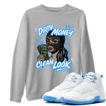 Dirty Money Clean Look sneaker match t-shirt styled to complete your fit with the Air Jordan 12 White and University Blue sneakers, shown in Heather Grey 1.