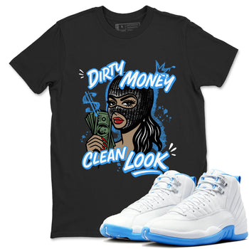 Dirty Money Clean Look sneaker match t-shirt styled to complete your fit with the Air Jordan 12 White and University Blue sneakers, shown in Black 1.
