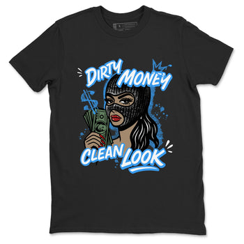Dirty Money Clean Look sneaker match t-shirt styled to complete your fit with the Air Jordan 12 White and University Blue sneakers, shown in Black 2.
